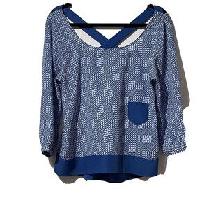 BCBGeneration Blue Patterned Blouse Size M Crisscross Back & Pocket Polyester